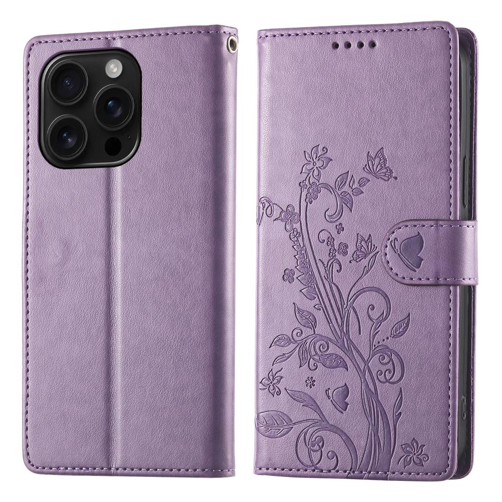 For iPhone 16 Pro Wallet Case Butterfly Floral Imprint PU Leather Phone Cover with Wrist Strap