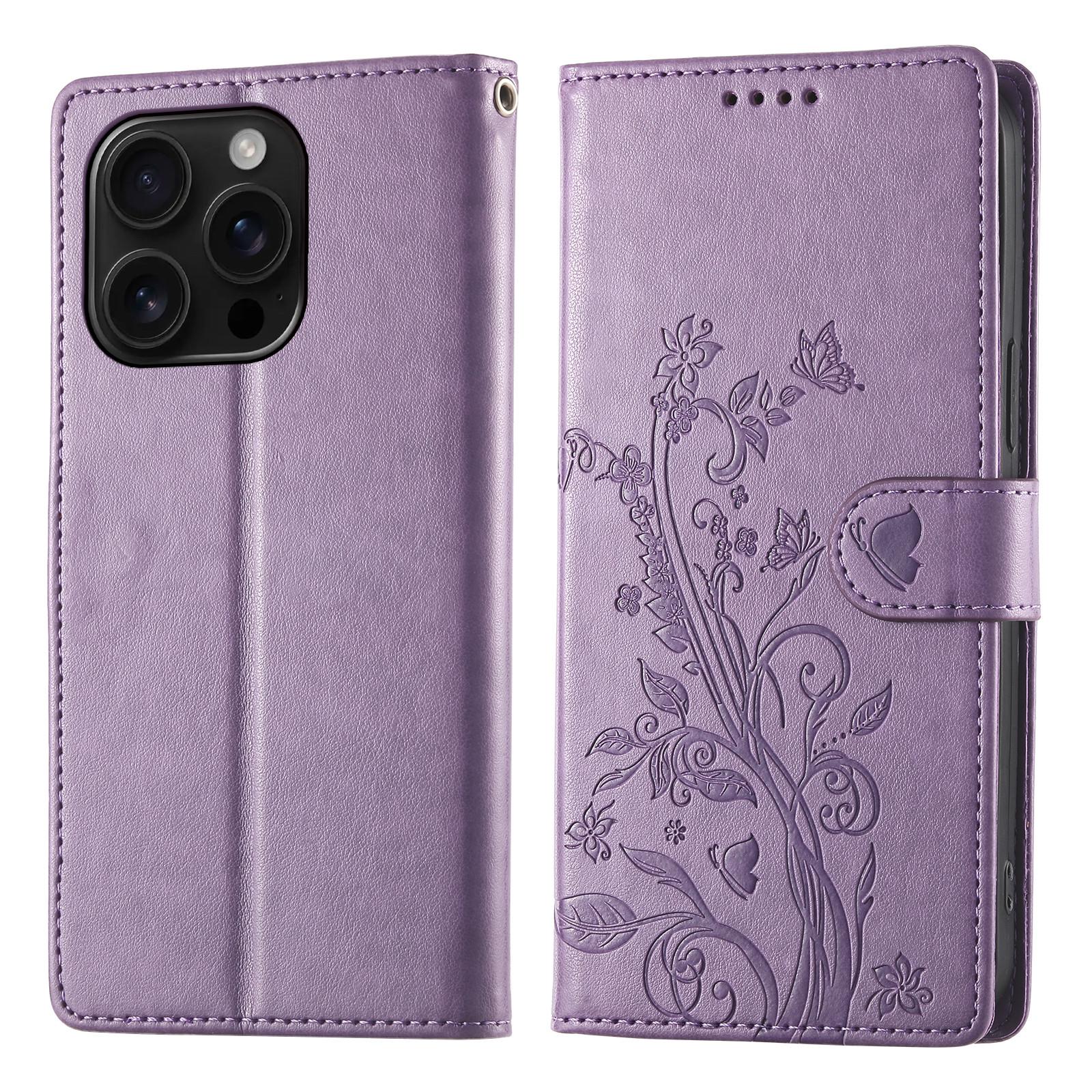 

For iPhone 16 Pro Max Wallet Case Butterfly Floral Imprint PU Leather Phone Cover with Wrist Strap
