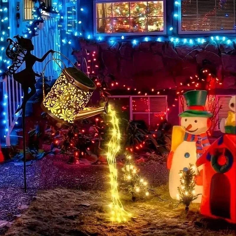 Solar Powered Watering Fairy Lights Vintage Metal Hanging Kettle Lantern Outdoor Garden Decor for Yard Patio Villa Decoration