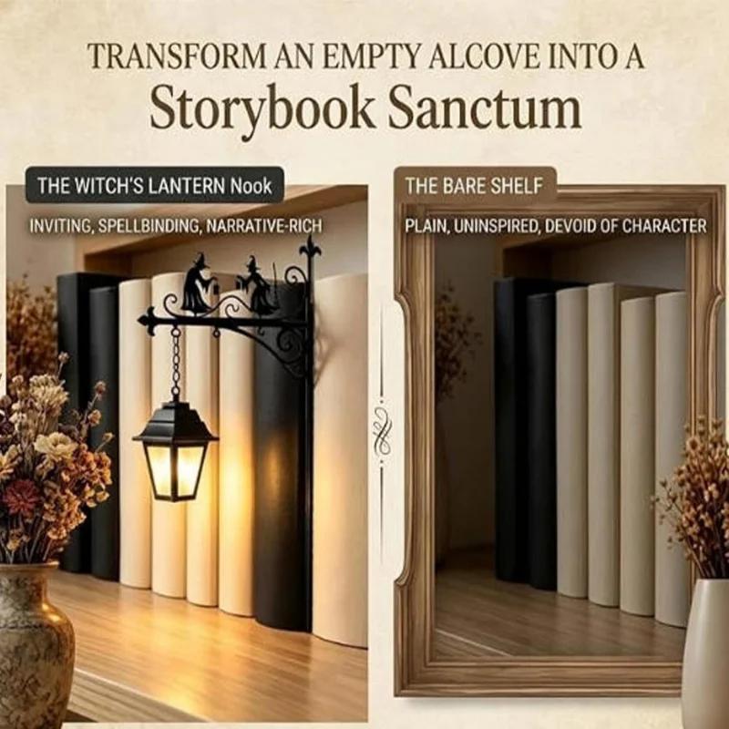 Mini Library Lantern Decorative Bookshelf Lamp Decoration,Halloween Witch Hanging Vintage Metal Divid Lamp with Bulb