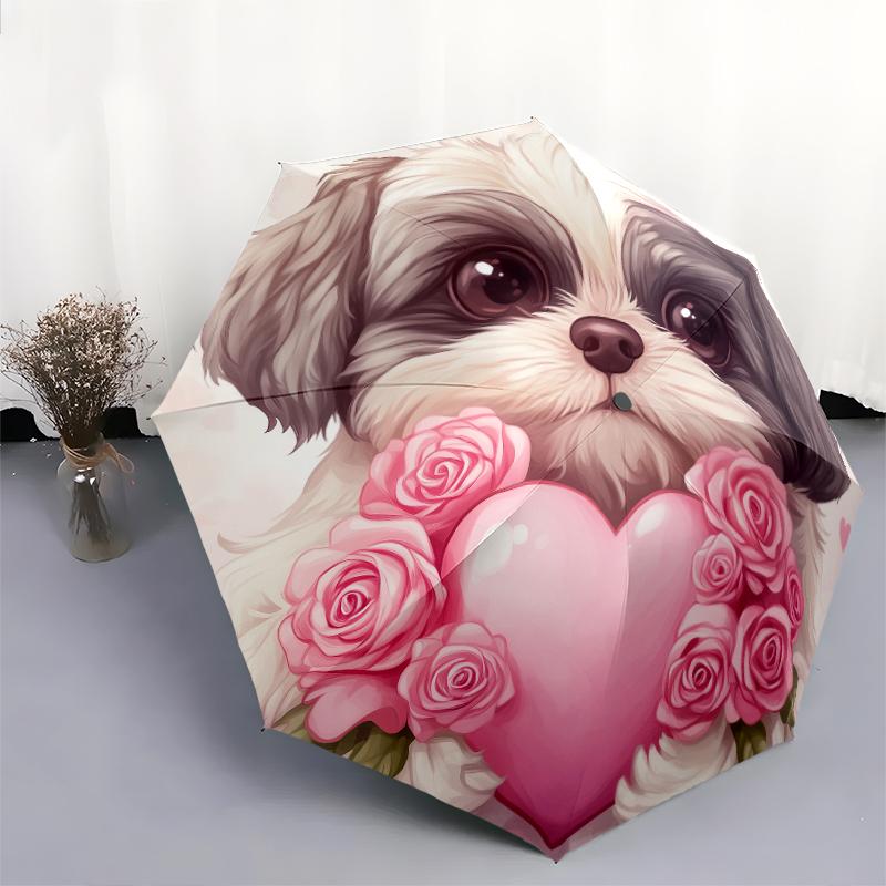 Heart and Shih Tzu pattern, automatic folding umbrella, portable and foldable design, 8 ribs, a Christmas or birthday gift.