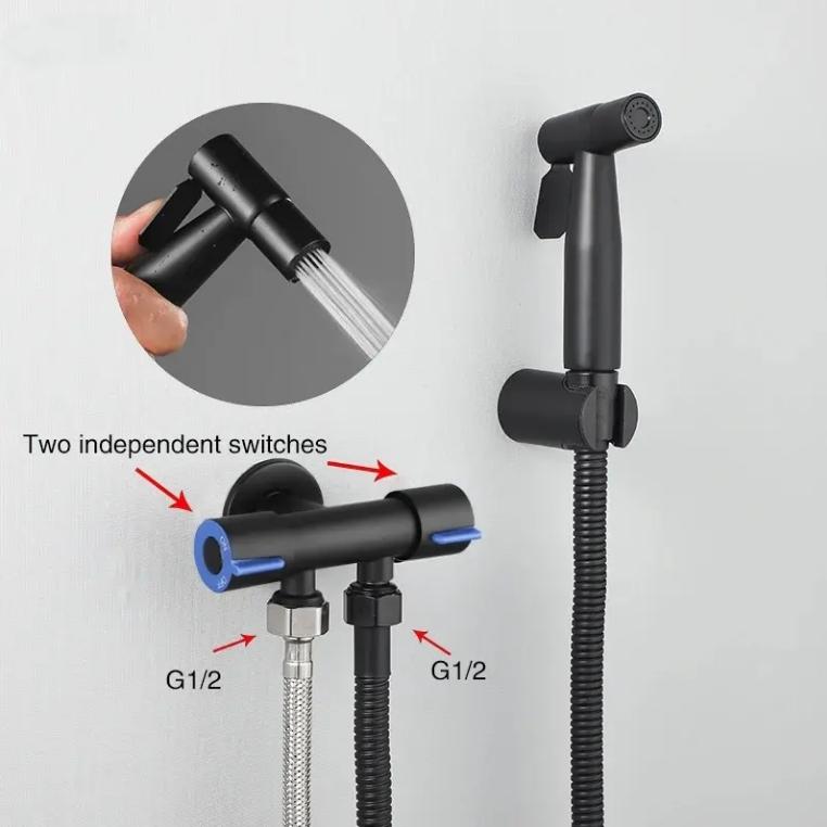 Brass Material Bidet Faucet Black Portable Bidet Sprayer Set Single Cold Water Shower Head One In Two Out Angle Valve