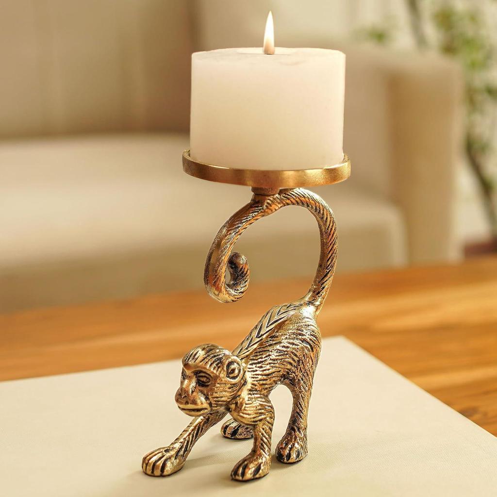 Metal Monkey Pillar Candle Holder Stand for Home Decor | Tabletop Showpiece in Aluminium with Brass Finish