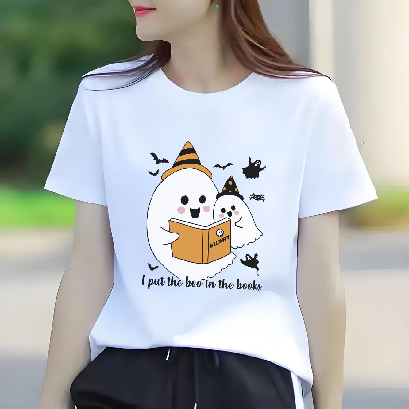

Halloween BOO cartoon printed short sleeved round neck versatile fashion Womens Tshirt for spring and summer S