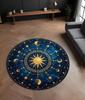 Celestial Rug Deep Blue  Gold Moon and Stars Round Rug, Washable Cosmic Carpet Office Garden Patio Indoor Yoga Mat for Reading