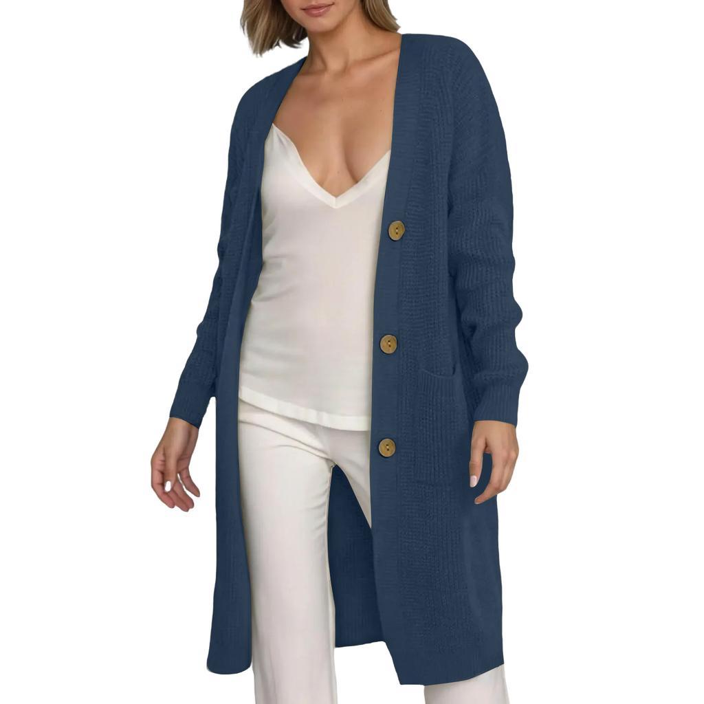 Women's Solid Color Long Sleeved Knee Length Knitted Cardigan, Lazy Trend, Medium Long Hair Jacket