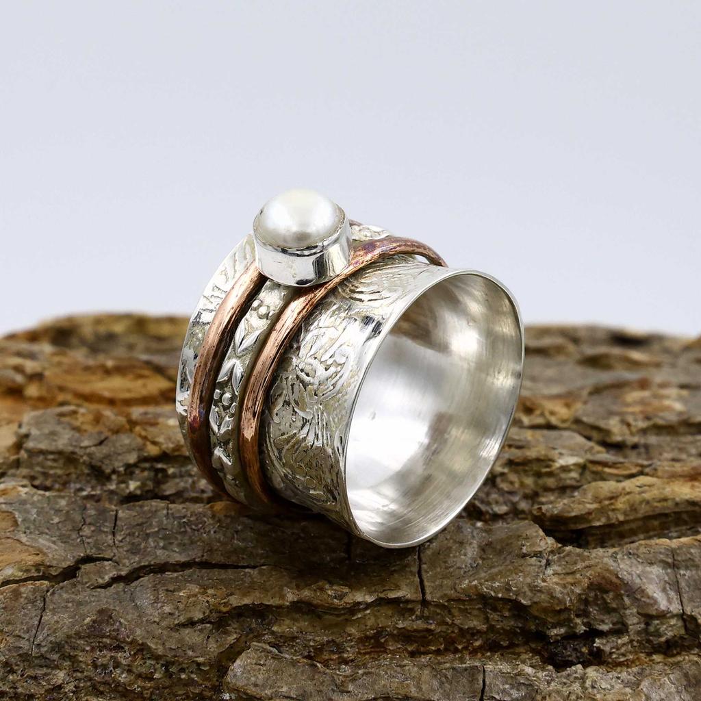 Inel din Argint Sterling 925, Inel cu Piatră Prețioasă Perlă Albă, Inel Bicolor, Inel Boem, Inel de Designer, Bijuterii din Argint