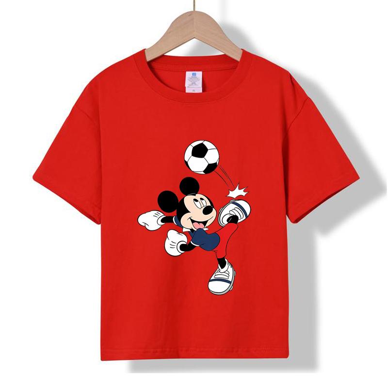 MC-97 MINISO 2026 Summer Mickey Mouse Soccer Kids 100% Cotton T-Shirt Boys Sports Cartoon Print Short Sleeve Top