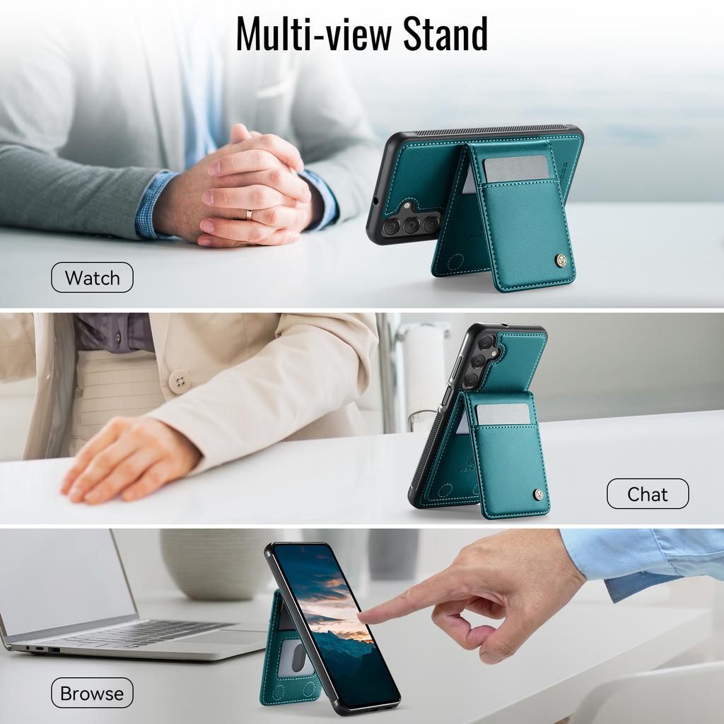 For Samsung Galaxy A15 5G/Galaxy A15 4G Leather Back Cover Compatible with MagSafe JEEHOOD J06 Phone Case with Card Bag RFID Blocking