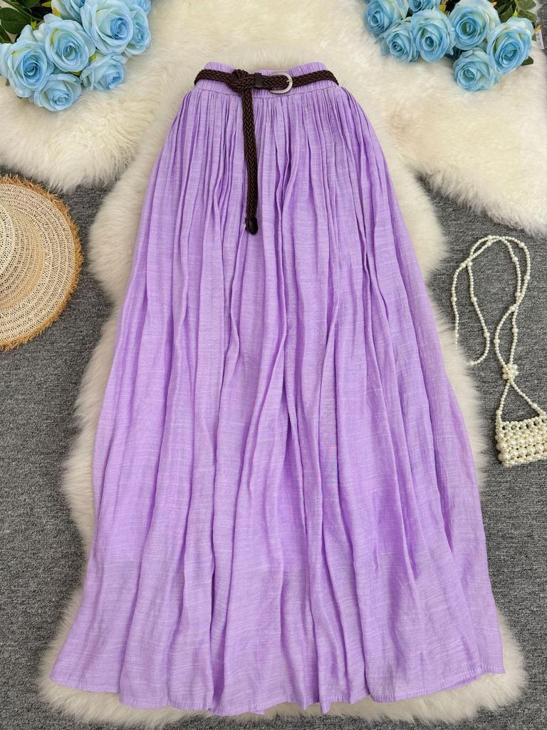 European & American A-line Pleated Cotton Linen Skirt with Elastic Waist - Mid-Length, Versatile, Women's