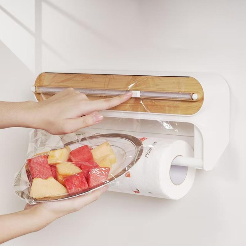 Combined ABS Kitchen Wrap Cutter and Paper Towel Holder with Concealed Sliding Blade and Magnetic Refrigerator Mount