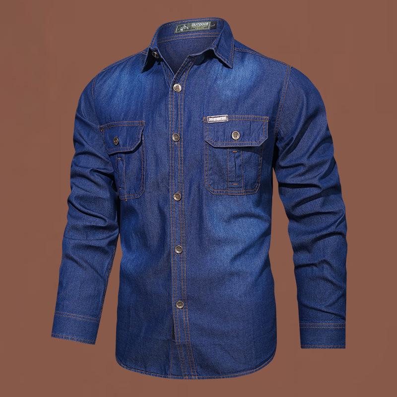 Men's Casual Washed Denim Long Sleeve Shirt - Pure Cotton and Bamboo Blend