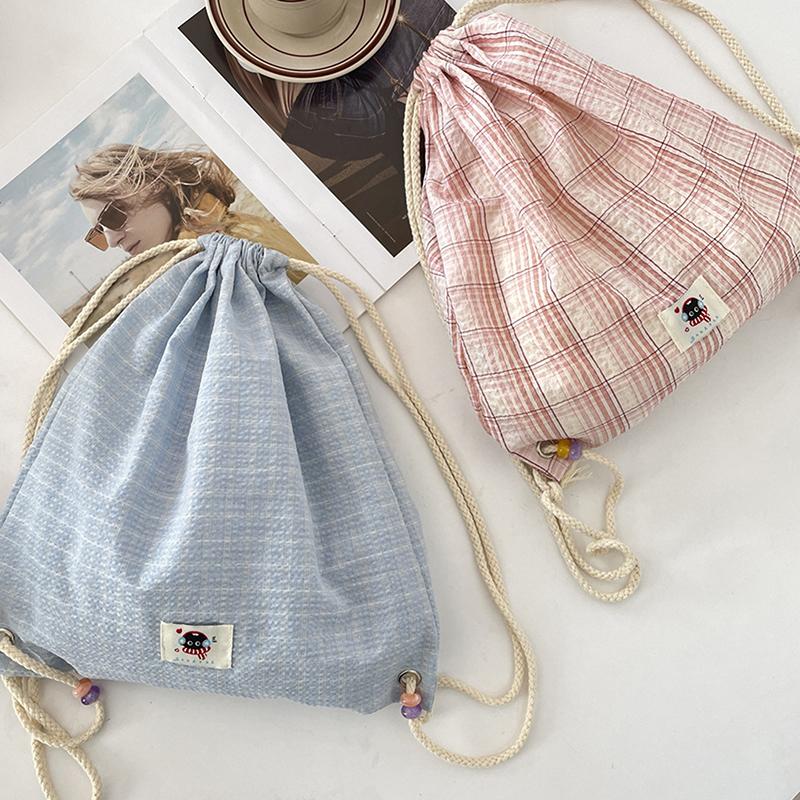 Checked Backpack Drawstring Canvas Women Shopping Bag Sports Gym Bag Training Sackpack Simple Commuter Bag