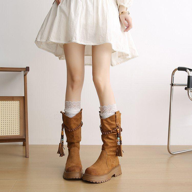 Women's Thick Sole Retro Western Ankle Boots - 2025 Autumn/Winter Fashion Tassel Cowboy Martin Boots