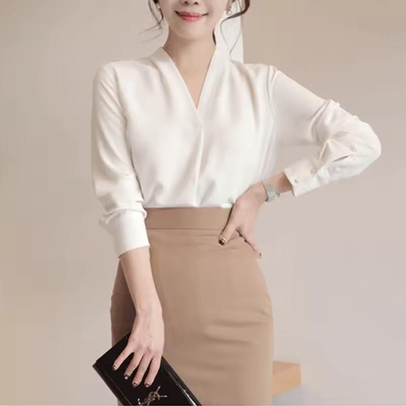 Spring Korean Style Long Sleeve Shirt Elegant White Chiffon Blouse Office-lady Loose Socialite Womens Tops