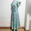 Bohemian Summer Casual Dress Women Floral Print Sleeveless V Neck A Line High Waist Lace Up Beach Vacation Ankle Length Dress
