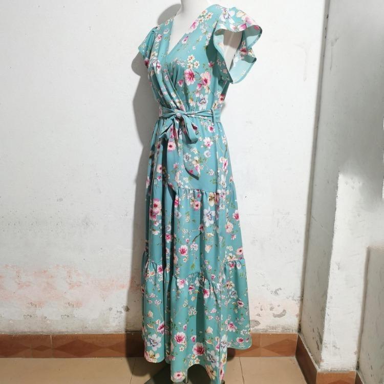 Bohemian Summer Casual Dress Women Floral Print Sleeveless V Neck A Line High Waist Lace Up Beach Vacation Ankle Length Dress