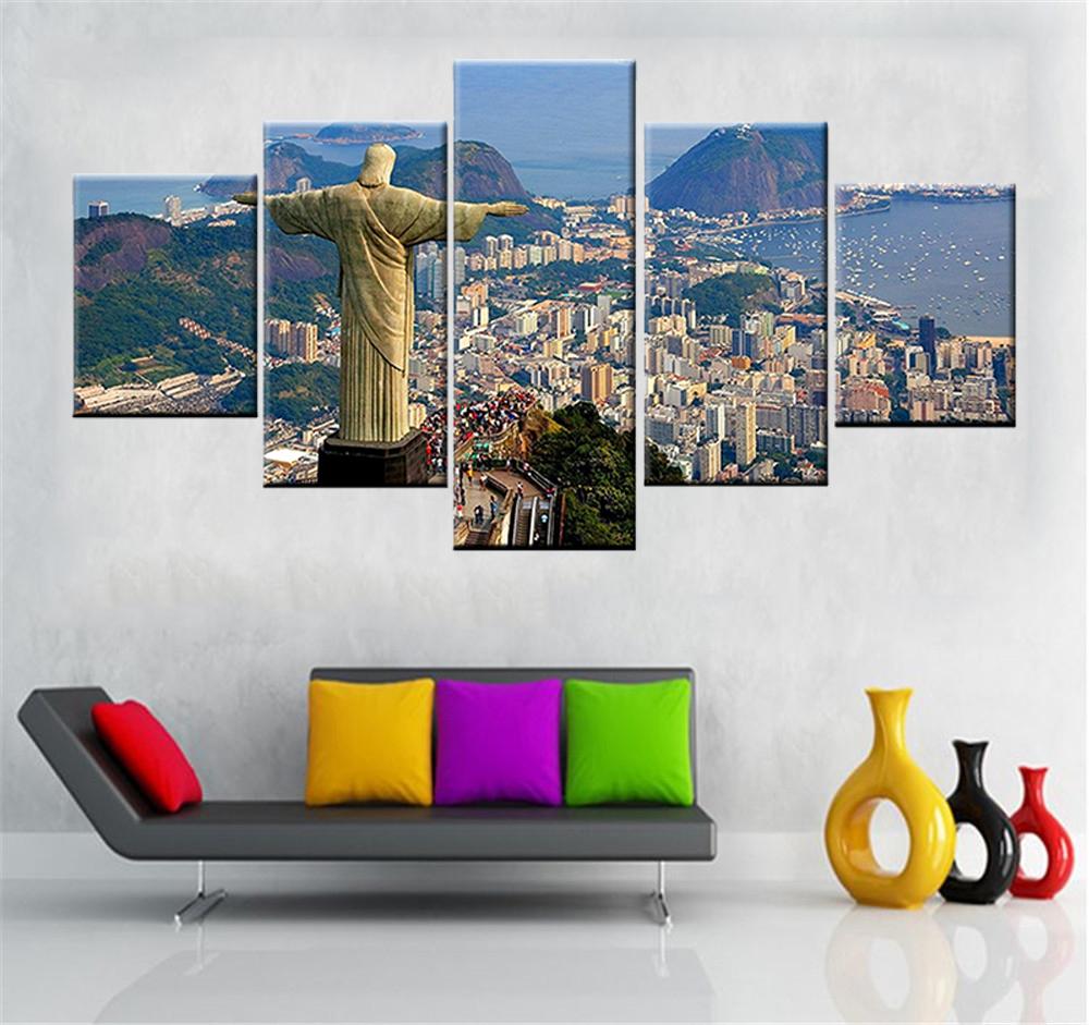 Arte della parete su tela pittura moderna stampa HD Brasile Rio De Janeiro statua di Gesù dipinto immagine poster 5 pannelli decorazioni per la casa senza cornice