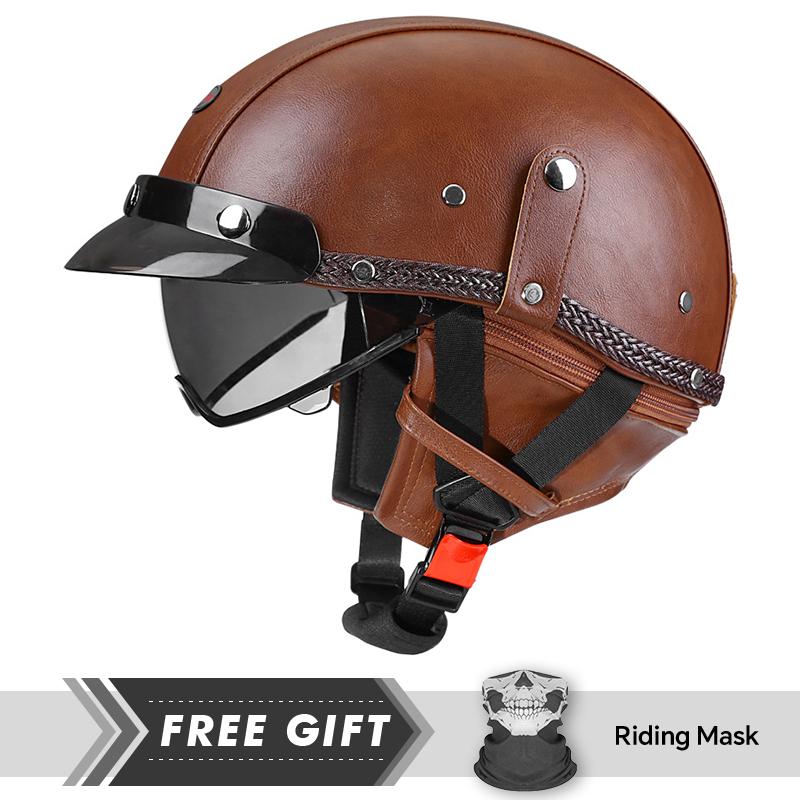 DOT Approved Retro Half Face Motorcycle Helmets Leather Vintage 1/2 Half Helmets Built In Lens Low Profile Open Face Helmets