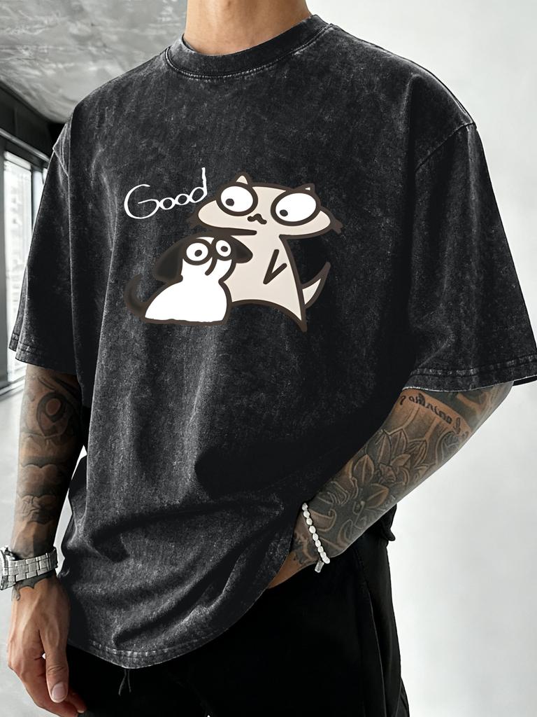 Good Cartoon Dog Cat Design Washed T Shirt Man Cotton Casual TShirt Vacation Beach Clothes Oversized Comfortable Sportswear