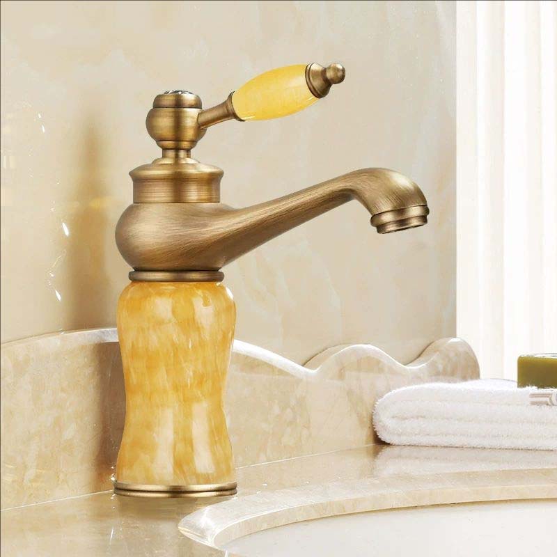 Rose Gold Luxury Bathroom Basin Faucet Single Jade Handle Vanity Sink Mixers Water Taps Brass Natural Jade Basin Sink Faucet