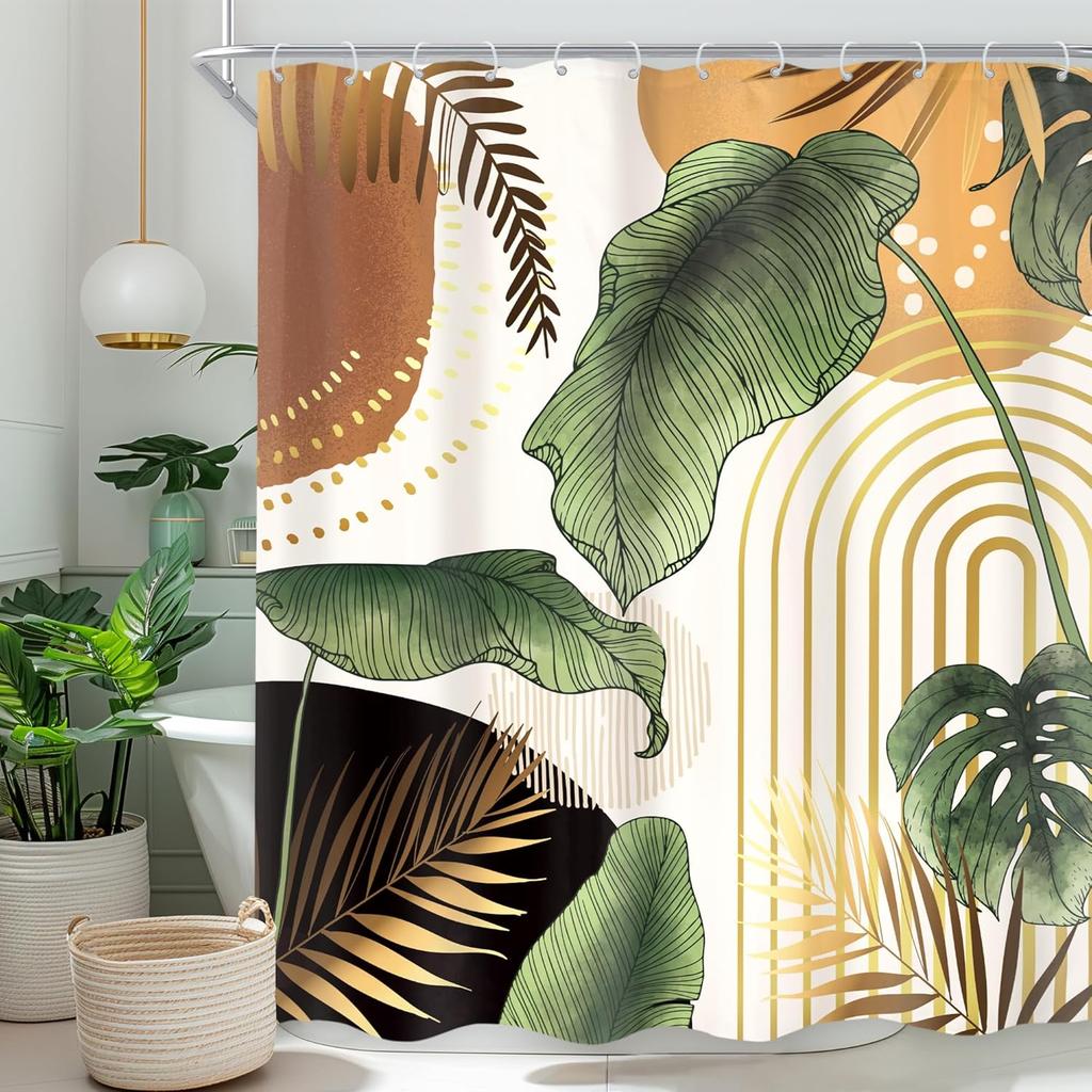Black Gold Christian Shower Curtain, Tropical Palm Bible Verse Print, Modern Monstera Aesthetic With Hooks