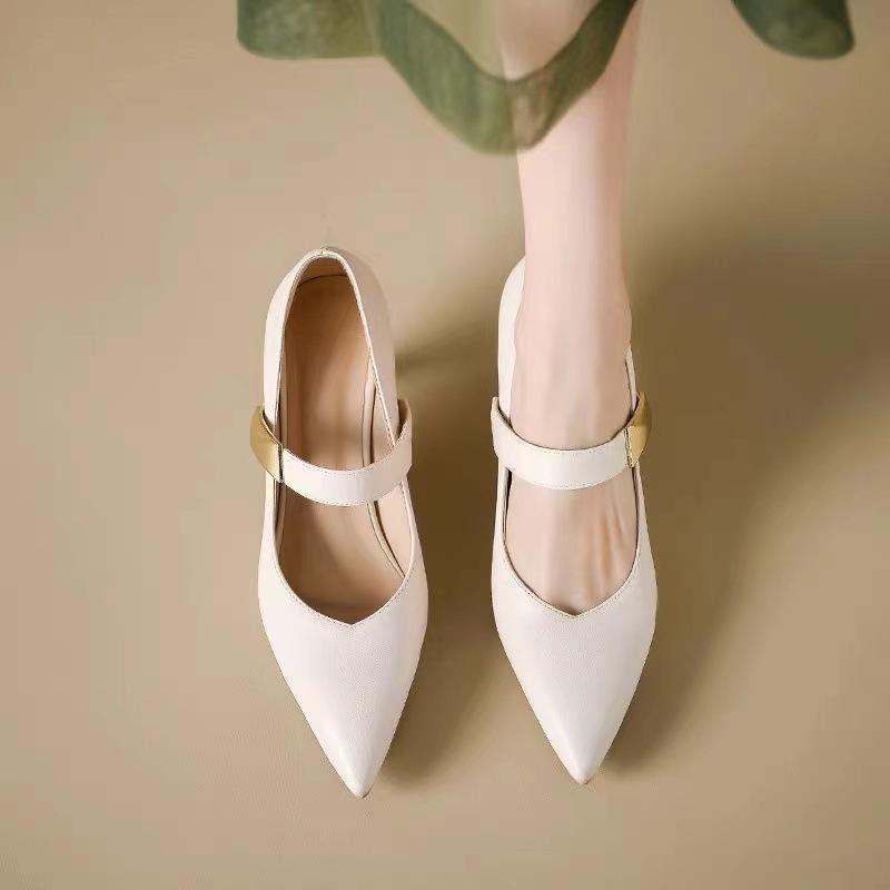 

Ся новые остроносые туфли на толстом каблуке средней высоты модные одинарные туфли женские с ремешком на подъеме из мягкой кожи для работы туфли Мэри Джейн 35 бежевый