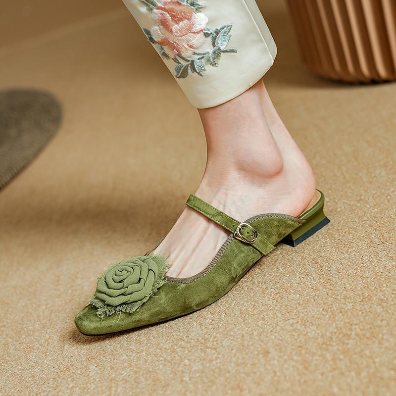 Mode 2025 NEU Sommer Pantoletten Damen Sandalen Schuhe für Damen Eckige Zehenpartie Niedriger Absatz Damen Hausschuhe Zehenbedeckt Slingback Grüne Sandalen