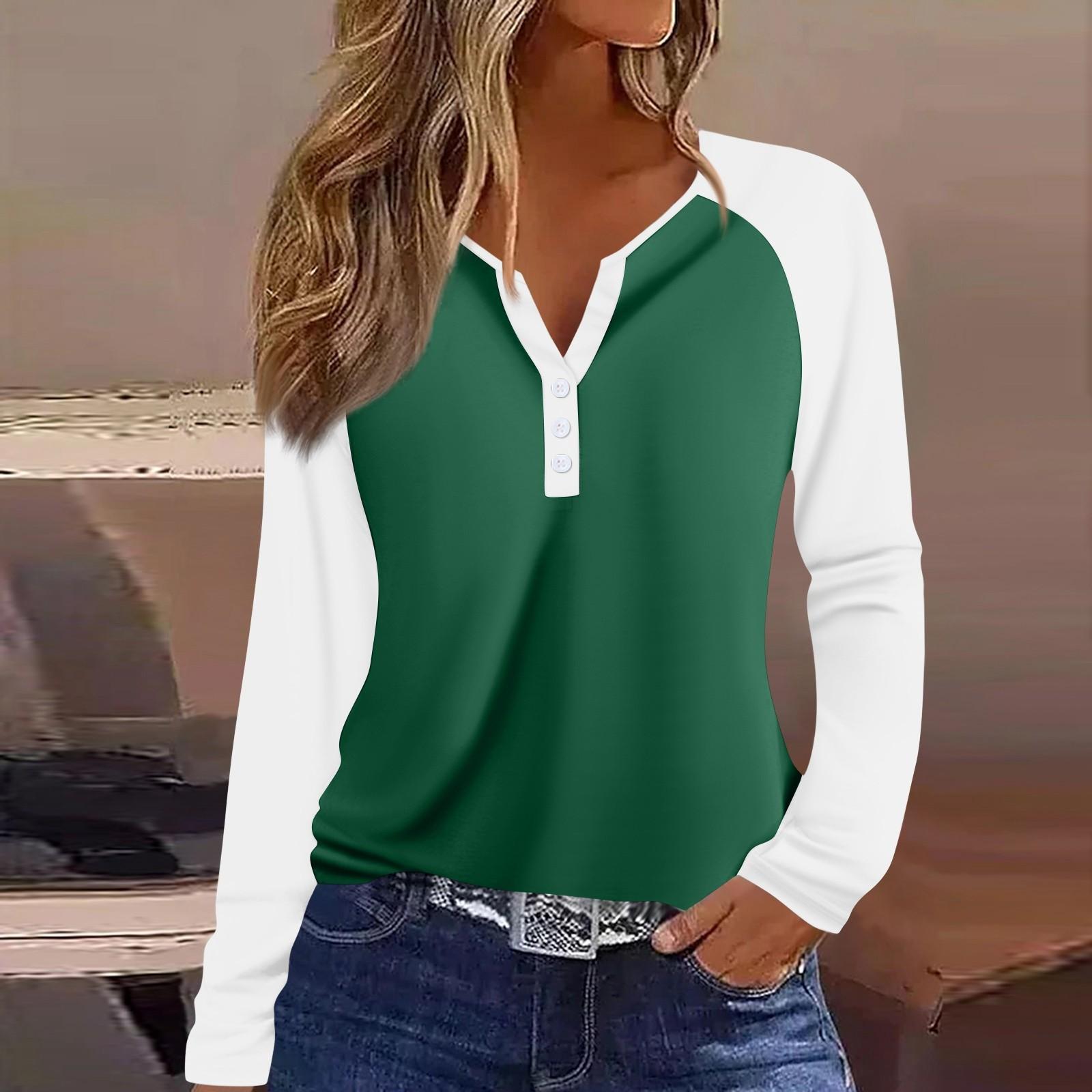 

Женская футболка колор-блок на пуговицах с длинным рукавом, повседневная, для выходных, модная, базовая, с V-образным вырезом, обычная L