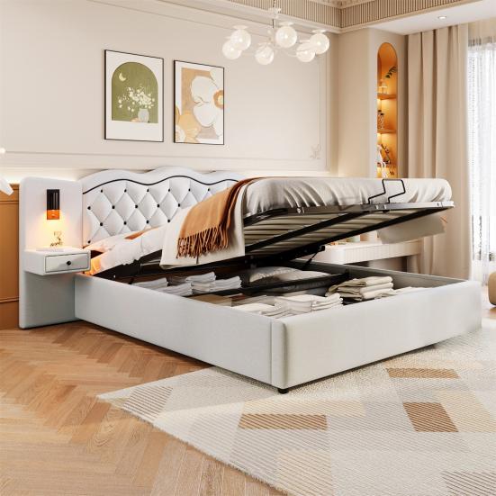 180x200cm Flat Bed, Upholstered Bed, Integrated Headboard, Hydraulic Lifting Mechanism, USB Connection, Two Bedside Lamps, Large Storage Space, Grey,