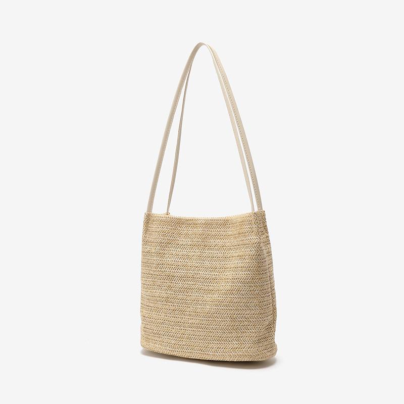 Straw Bag Women's New Fashion Portable Beach Bag Simple Woven Shoulder Bucket Bag