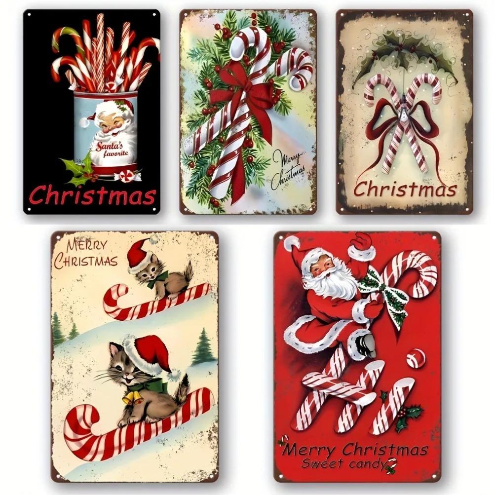 X Vintage Christmas Candy Tin Sign Retro Aluminum Art with Santa Gingerbread Kitchen Home Decor