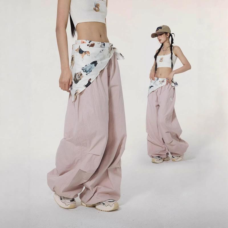 2026 Womens Parachute Cargo Pants Straight Leg Loose Vintage Embroidered Casual Trousers
