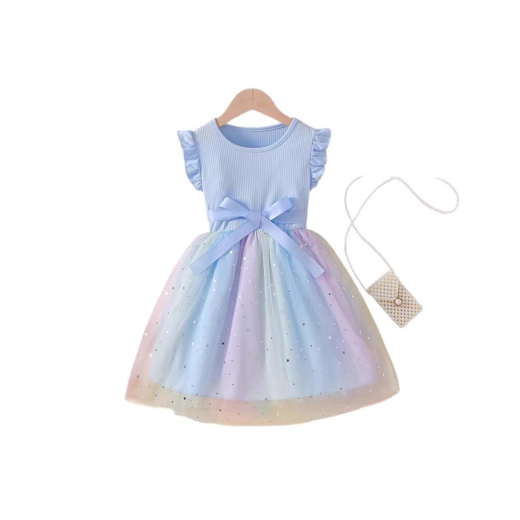 Dziewczęca Sukienka z Siateczkowymi Panelami w Kolorach Gwieździstego Nieba Letnia Moda Dziecięca Sukienka Księżniczki