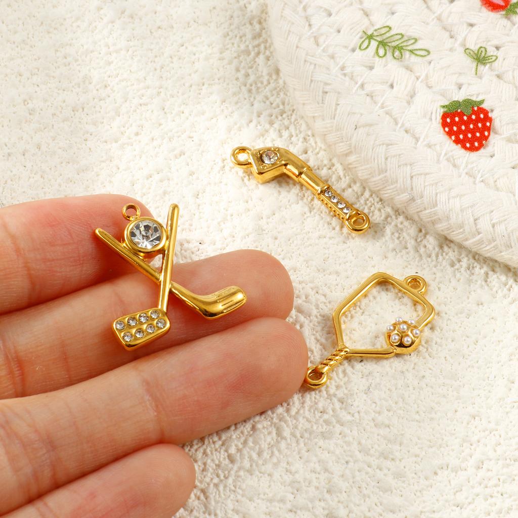 2Pcs Sport Connector Charms Cubic Zirconia Pendants Pickleball Paddle Golf Club 304 Stainless Steel 18k Gold Plated DIY Necklace