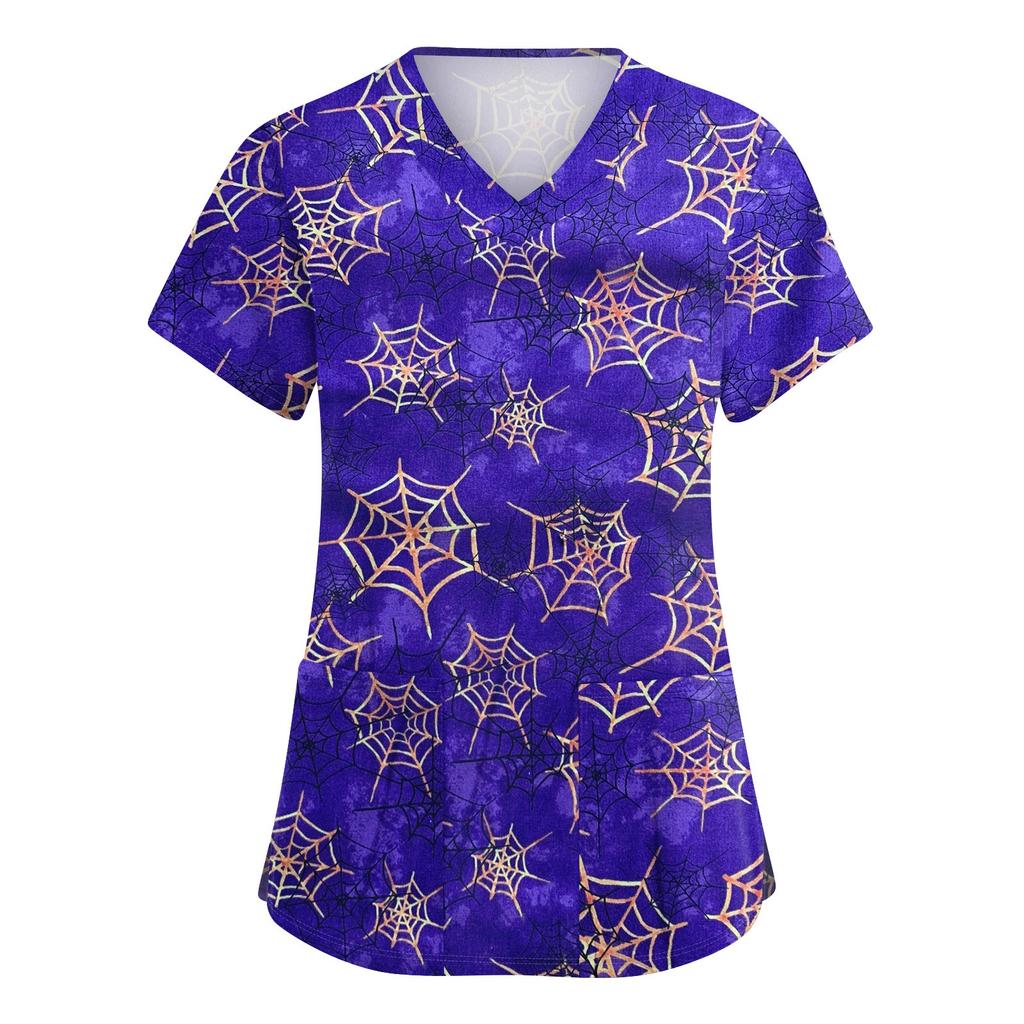 Dámské roztomilé potištěné pracovní oblečení Výstřih do V Dvouvrstvé kapsy Základní top s krátkým rukávem Pulovr