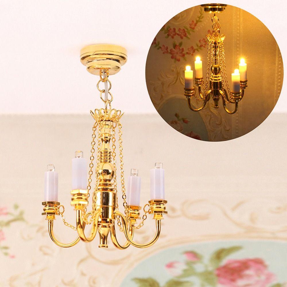 1/12 Scale Dollhouse Chandelier Model Battery Operated Mini Gothic Desk Lamp  Lighting Accessories