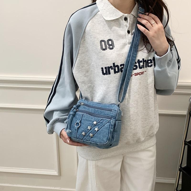 Washed Denim Crossbody Bag for Women Multi-Zipper Star Stud Casual Small Shoulder Purse