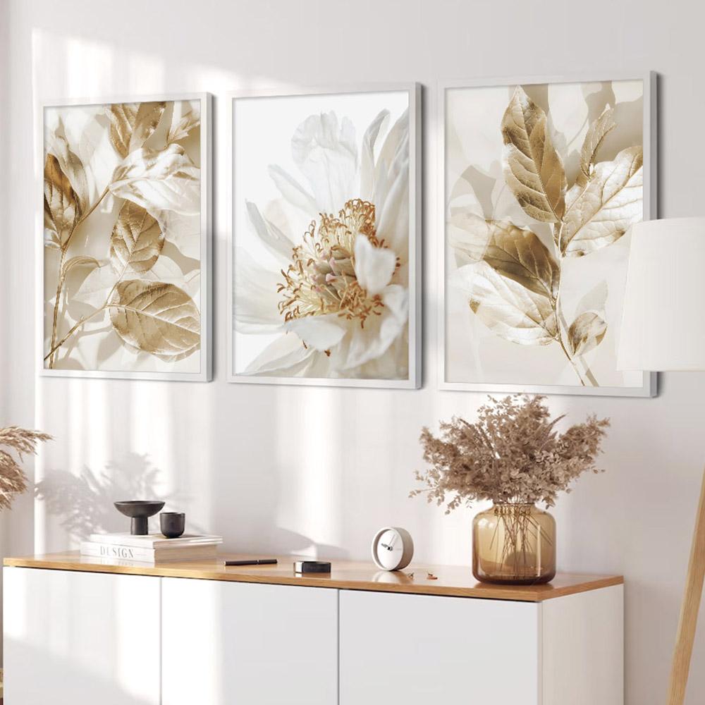 3PCS Frameless Nordic White Floral Golden Leaves Poster Wall Art Canvas Painting Prints Pictures Living Room Interior Home Decor