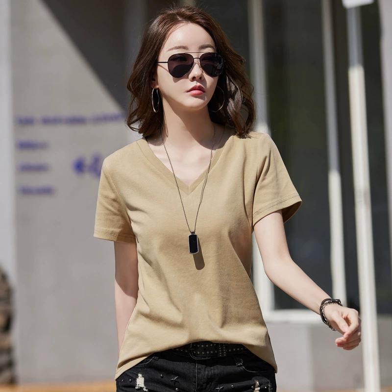 Women's Summer Solid Color Loose V-neck Short-sleeved T-shirt Simple and Comfortable Casual Tops