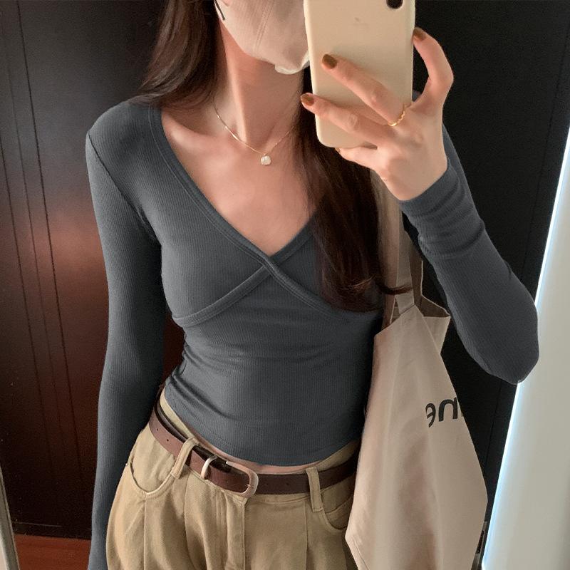 

Футболка с V-образным вырезом, короткими передними плечами и длинными рукавами, женская осенняя утягивающая рубашка, универсальный облегающий топ XL