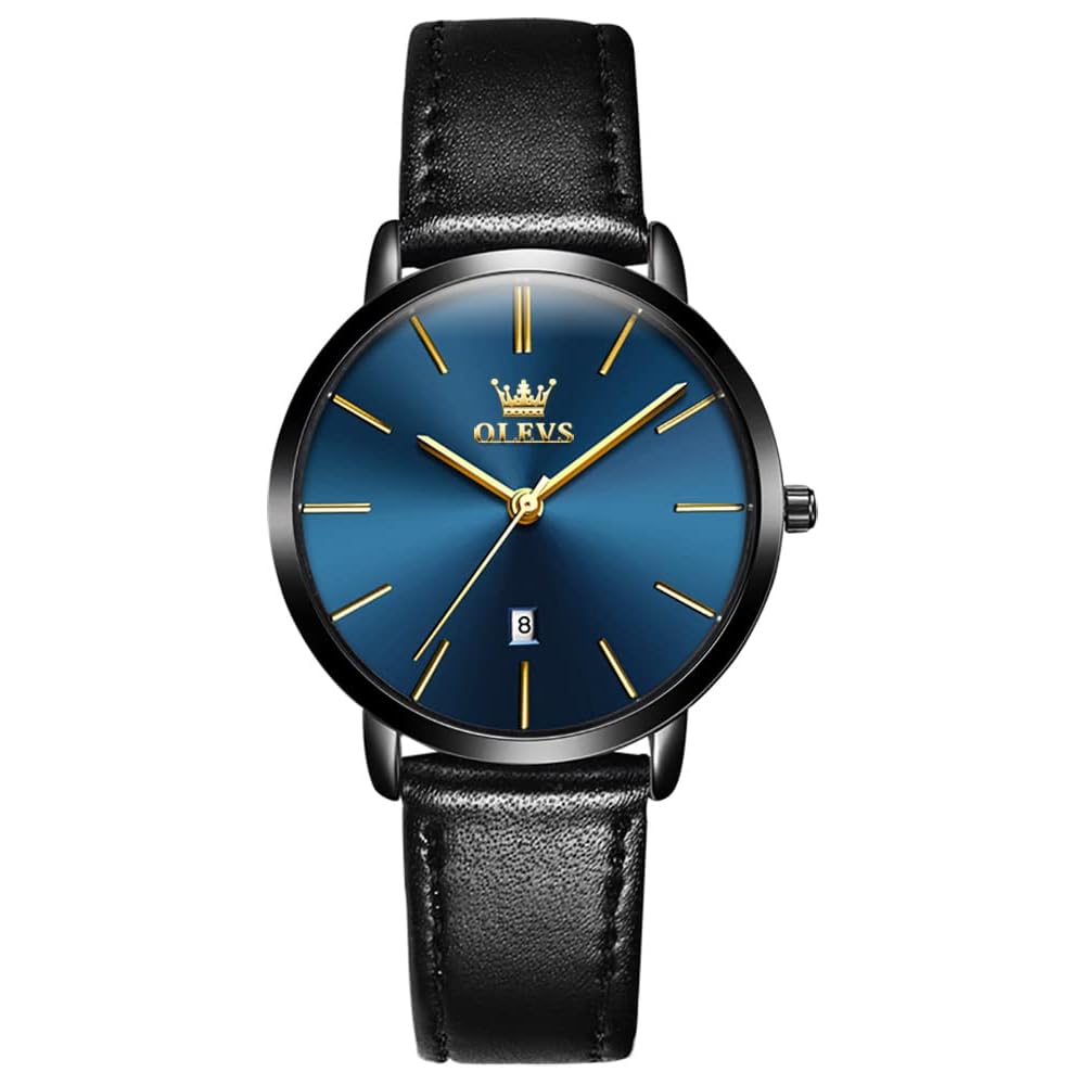 OLEVS Women s Stylish Blue Analog Watch Waterproof Ultra-Thin Leather Band Small Dial Fashion Timepiece Black Case Black Strap