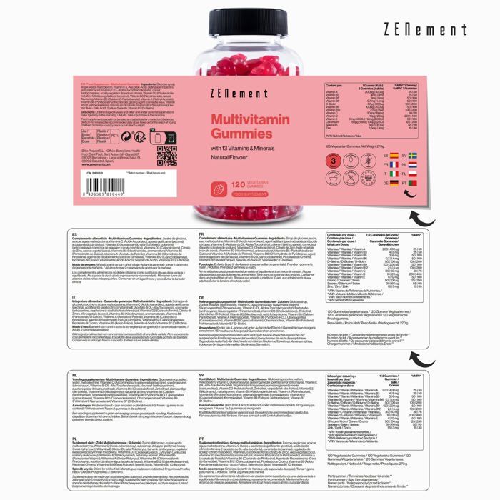 Gommes multivitamines et minéraux pour enfants et adultes avec 13 vitamines et minéraux - 120 gummies