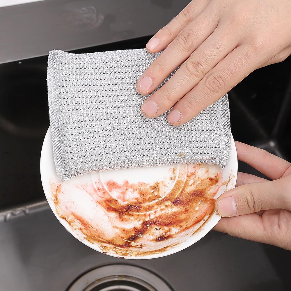 12/4Pcs Double Sided Dishwashing Sponge Silver Wire Cleaning Rags Wipe Pan Pot Dish Wash Thickened Scouring Cloth Kitchen Tools