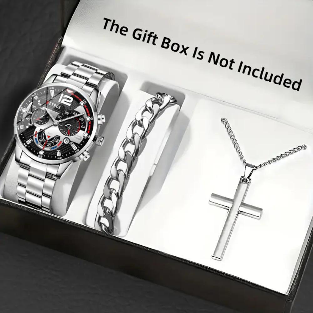 Watch Accessories Three-Piece Men S Watch Silver Steel Strap Men S Bracelet Necklace Quartz Watch