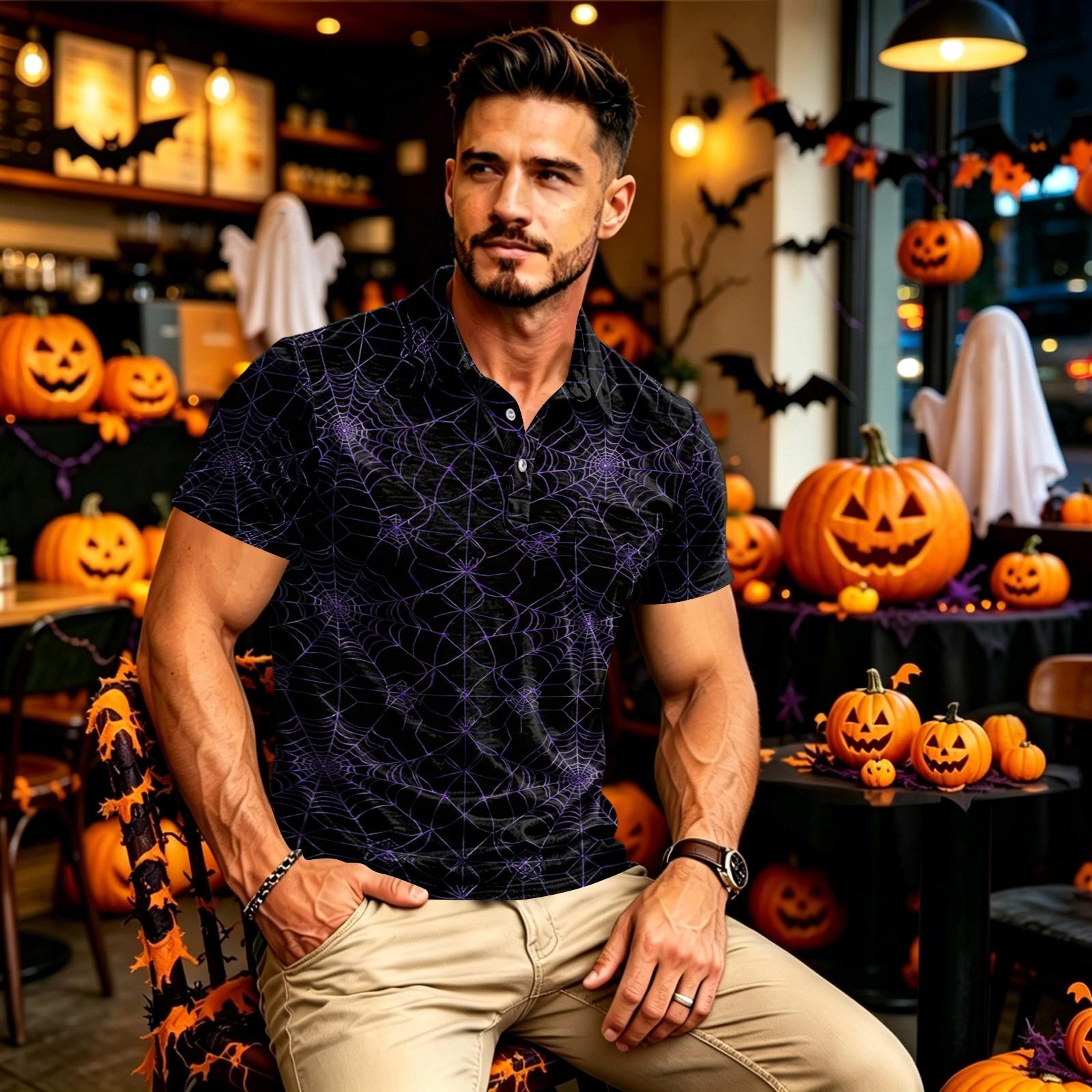Men s Casual Long Sleeve Quick-Dry Golf Shirt with Pocket Halloween Print L