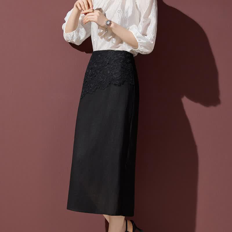 Elegant Lace Splicing Black Midi Skirt