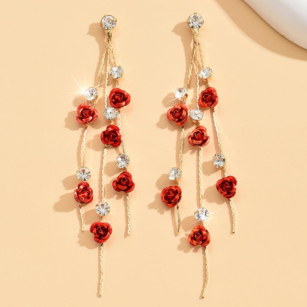 2pcs Retro Style Long Style Diamond Inlaid Rose Earrings For Women's Daily Dating Accessories