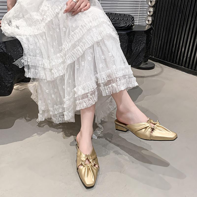 Square Toe Shallow Mouth Cutout Pleated Temperament Metal Slippers Summer New Baotou Pleated Low Heel Shoes