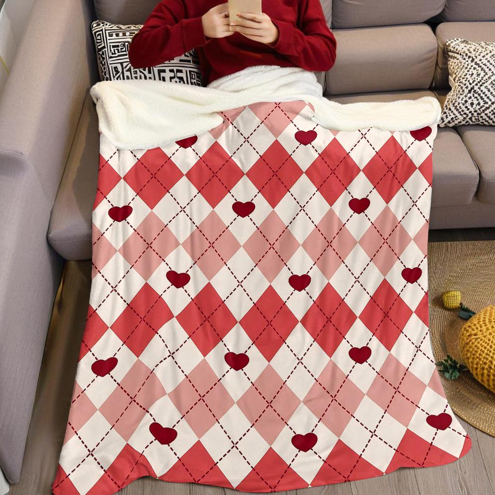 Burgundy Heart Argyle Flannel Blanket Warm Soft Halloween Christmas Couch Warm Cozy Decorative Decor Gift for All Season